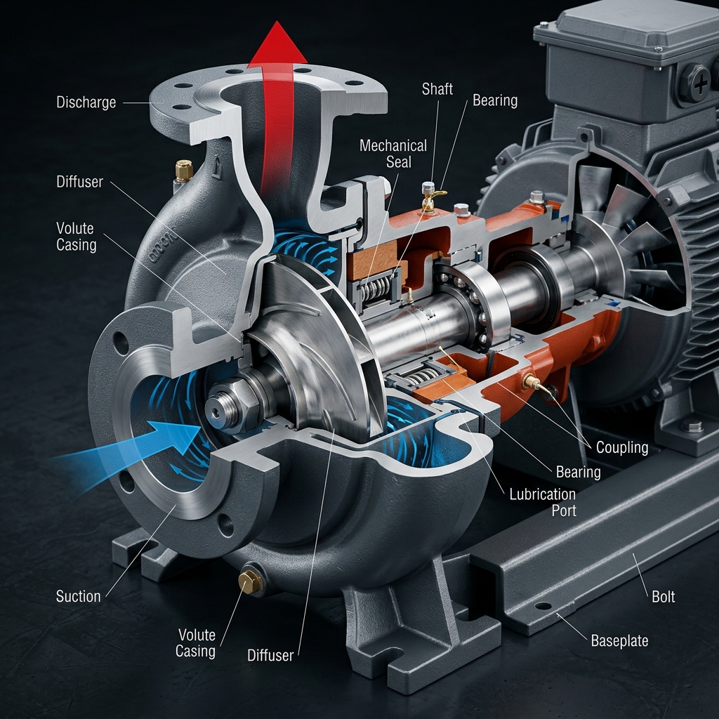 Santrifüj pompa kesit (cutaway) — hidrolik akış